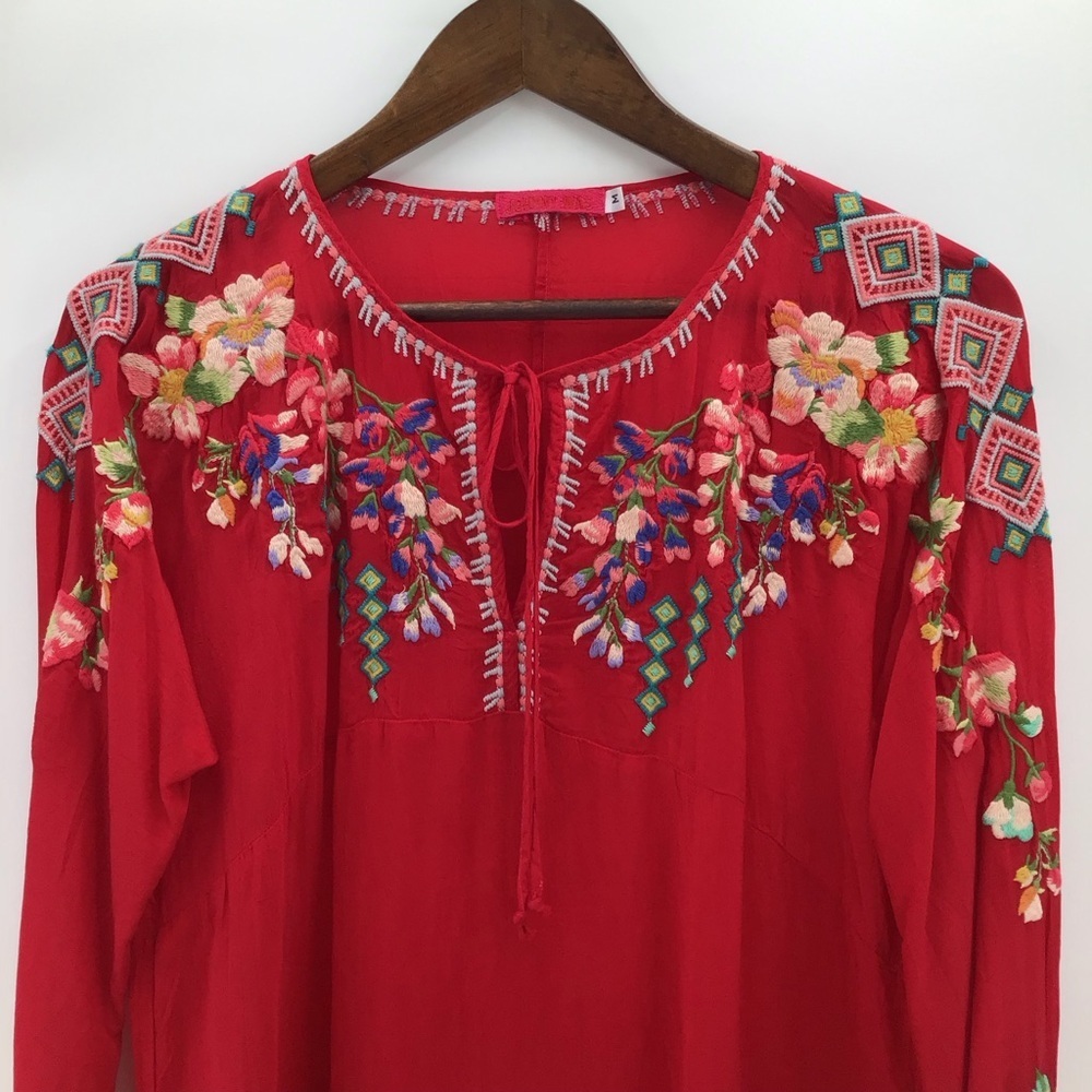Johnny Was Vibrant Red Embroidered Long Sleeve Tunic - Picture 5 of 15
